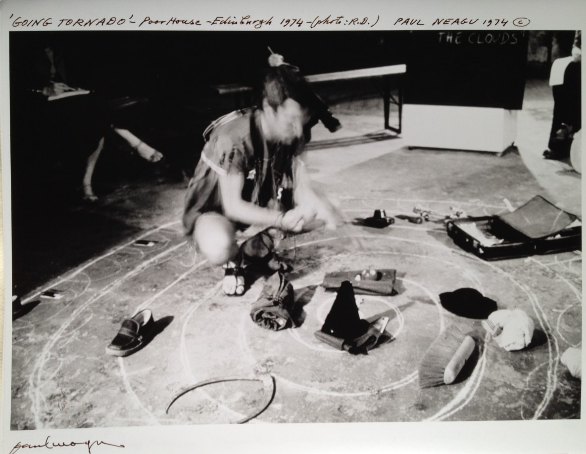 Paul Neagu, Going Tornado, 1974, photograph from the performance at the Forrest Hill Poorhouse during the Edinburgh International Festival, 15 3/4 x 19 2/3 in. Courtesy of the Paul Neagu Estate, London and Ivan Gallery, Bucharest