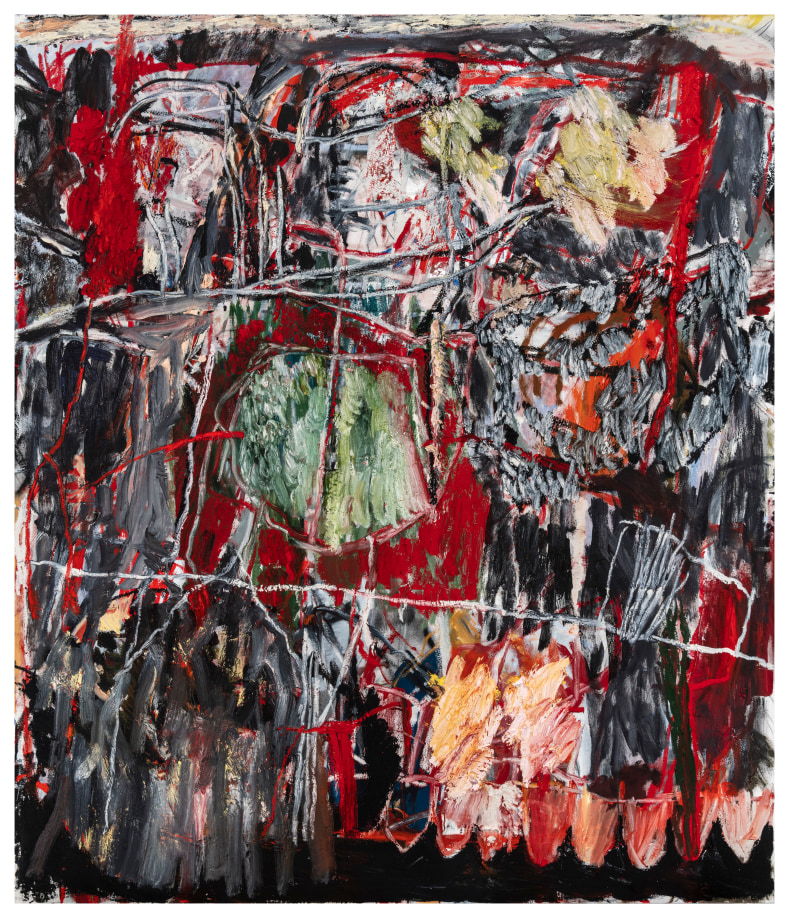 Sam Mattax, If by chance, please pull on down, 2024, oil, oil stick and lead pencil on canvas, 84 x 72 in, courtesy Fredericks &amp;amp; Freiser