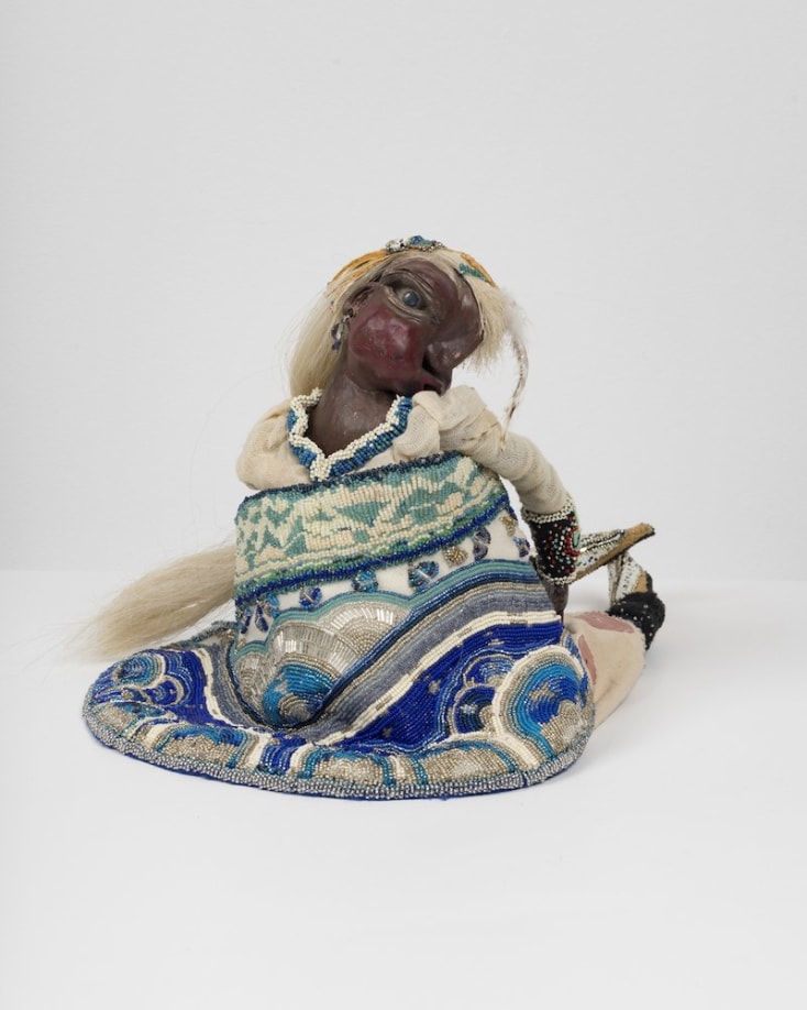 Sally Tisiga, Grandmother Wind The Messenger, 2020, paper clay, acrylic paint, wire form, horsehair, feathers, cloth, beads, 10 x 14 x 18 in., © Sally Tisiga, courtesy Bradley Ertaskiran.