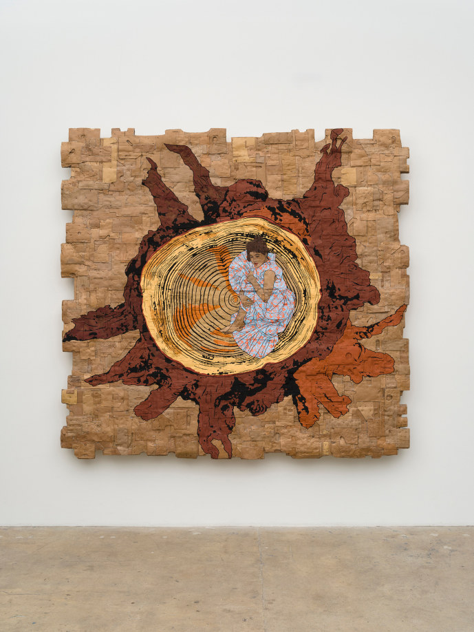 Andrea Bowers, Eco Grief Deforestation Series (Old Growth Stump 1), 2024, acrylic on cardboard, 80 x 88 x 5 in, photo by Jeff McLane, courtesy of the artist and Vielmetter Los Angeles