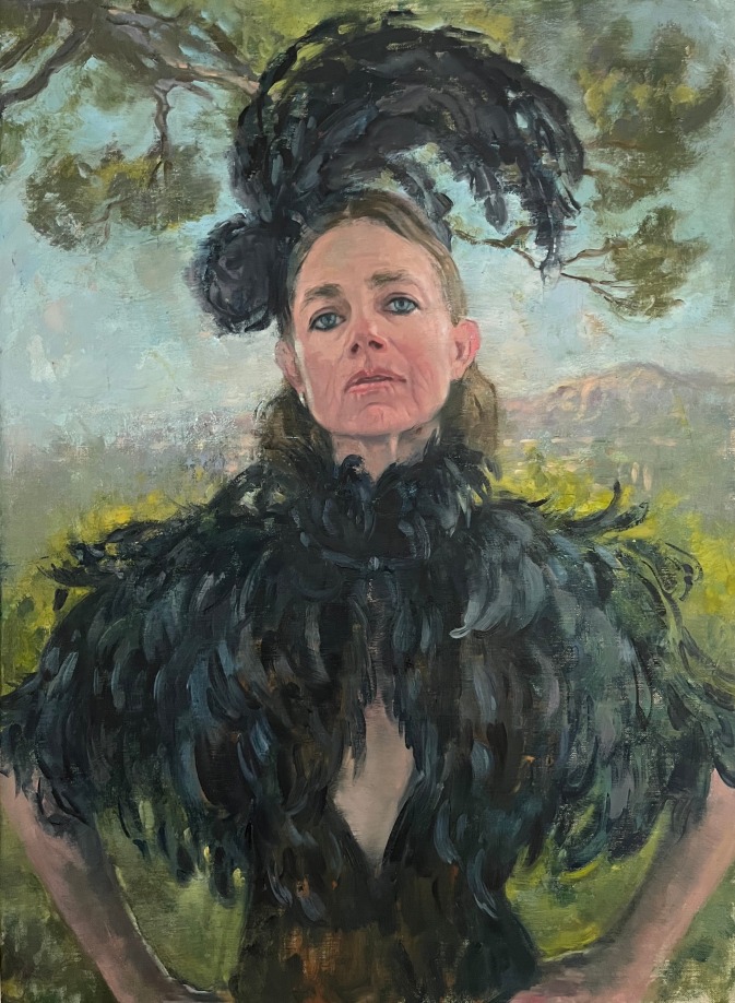 Delia Brown,&nbsp;Jai Maa! (Justine I), 2024, oil on linen, 30 x 22 in. (76,2 x 55,8 cm), courtesy of the Artist and Galerie Hervé Bize, Nancy.