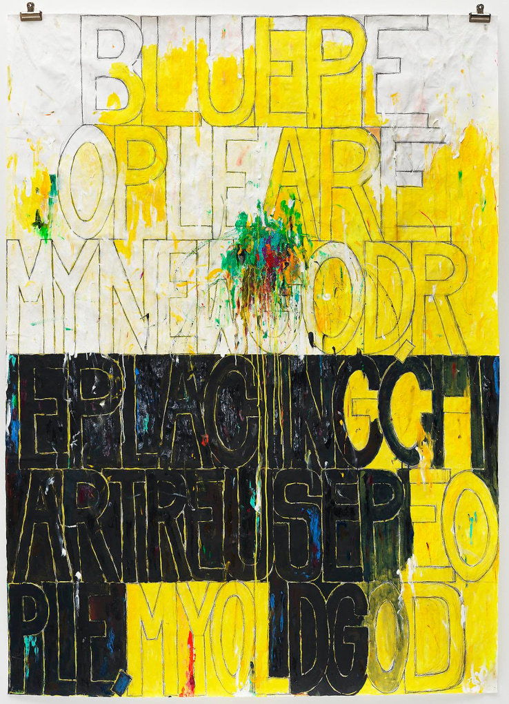POPE.L Skin Set Painting: Blue People Are My New God Replacing Chartreuse People My Old God