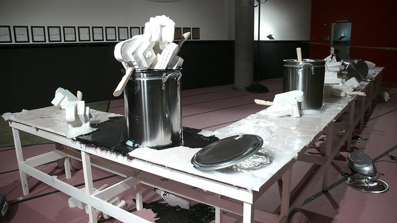 &quot;Performance Table (with Corbu Popsicle/ Hatchets dipped in black liquid and vaseline)&quot;