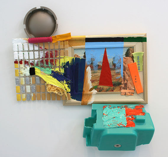 Jessica Stockholder 2008 Framed oil painting from TJ Maxx, green plastic, brown plastic, bamboo bead mat, yarn, cloth, copper, plastic bits, thread, lexal caulk, oil and acrylic paint, hardware.