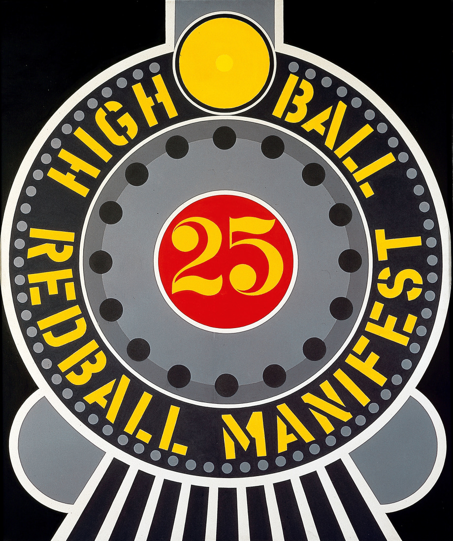 Highball on the Redball Manifest, a painting with a black ground, dominated by a circular image resembling the front of a train. In the center of the painting a red circle holds a yellow number 25. This circle is within a gray circle with small black circles all around its edge. Wrapping around this circle is a black ring with the text "High Ball Redball Mannifest" painted in stenciled yellow letters and small gray circles around the text. A larger yellow circle sits between the words High and Ball