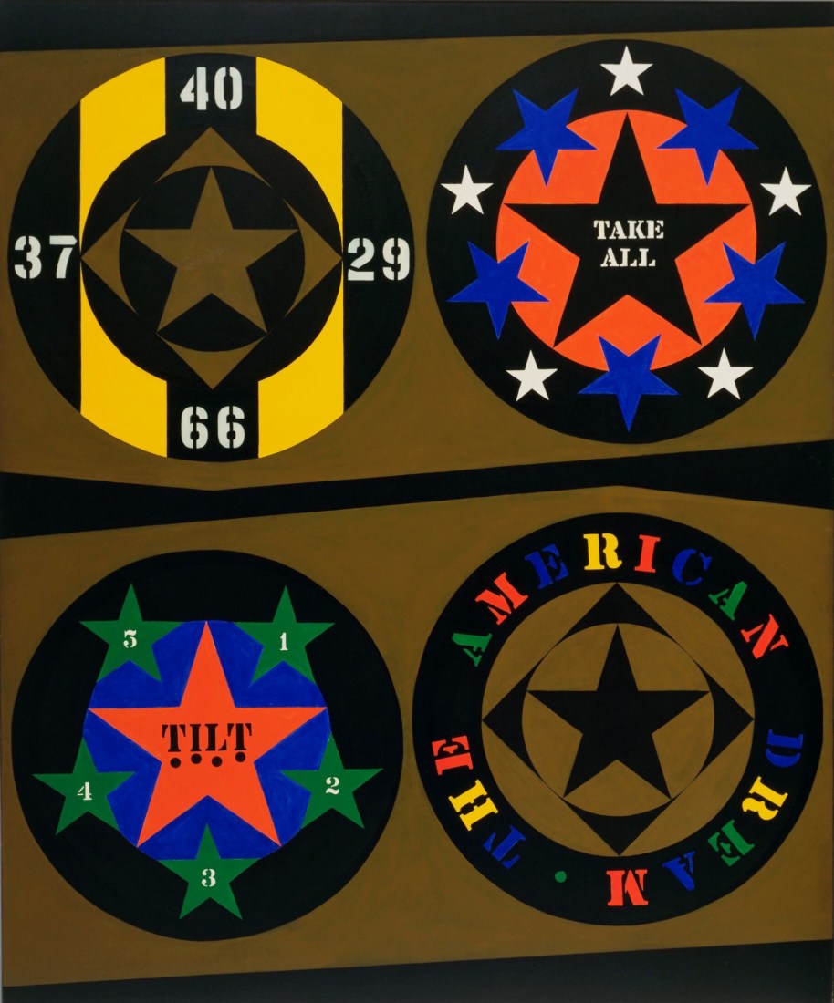 The American Dream, I, a primarily black and brown painting with two rows of two circles, each containing a star, as well as references to major American highways and pinball machines. "The American Dream" is painted in multicolored stenciled letters in a ring around the lower right hand circle.