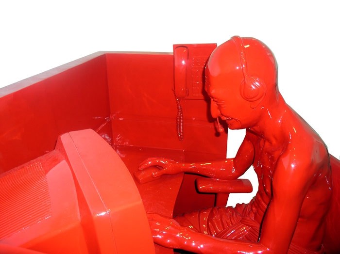 Debanjan Roy INDIA SHINING 9 (GANDHI AT A CALL CENTER) 2009 Fiberglass with acrylic paint 51 x 36 x 47 in. Desk - 24 x 56 x 66 in. Gandhi and chair - 24 x 28 x 50 in. Monitor, keyboard, mouse and phone are separate.