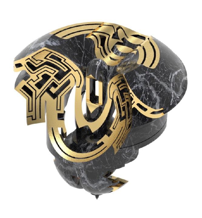Saks Afridi, Will Engine Component, 2019, 3D printed acrylic, paint, and brass leaf, 15 x 15 in
