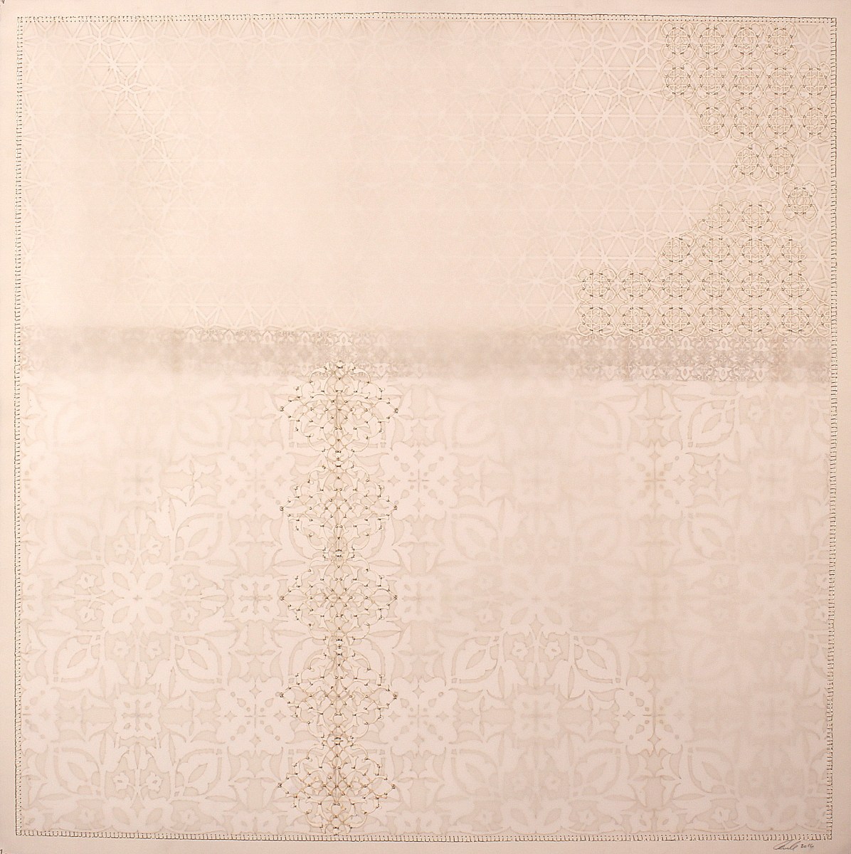 Anila Quayyum Agha Shimmering Memories - 2 2016 Mixed media on paper (Laser-cut patterns on paper with mylar, embroidery and beads) 40 x 40 in.