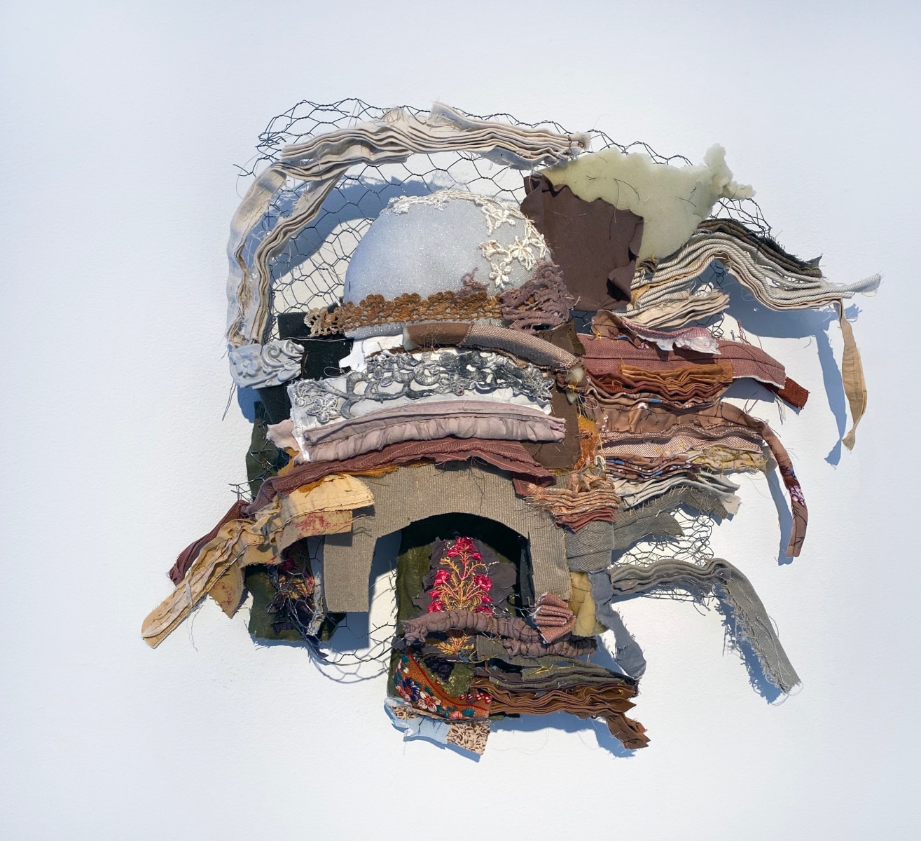 Ruby Chishti Essence of Time VI 2020 Found crochet lace, embellishment, wire mesh, cloth scraps, metal 15h x 19w x 4d in