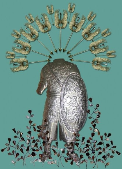 Adeela Suleman GARDEN SOLDIER (ED OF 2) 2015 Stainless steel and found objects "Figure: 63 x 31 in., Lg. Arrows: 24 x 7in. Sm. Arrows: 12 x 4in. Roses: Variable"