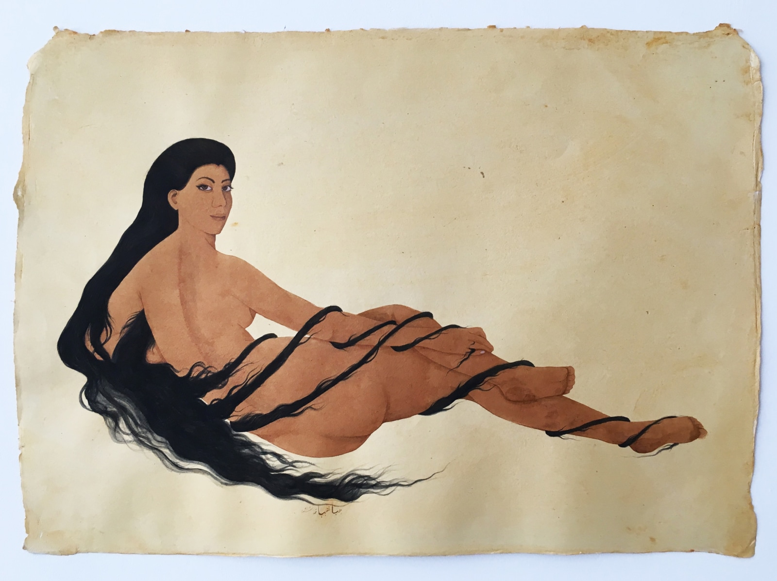 Hiba Schahbaz Self- Portrait after The Grand Odalisque 2016 Tea and watercolor on paper 22.5 x 31.5 in.