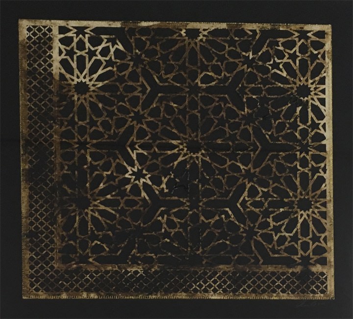 Anila Quayyum Agha Intersections - Black 1 2016 Mixed media on paper (Marbled and encaustic, laser-cut pattern on paper with embroidery) 27.5 x 27 in.