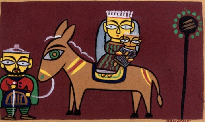 Jamini Roy Untitled (Flight into Egypt) c. 1946 Gouache on card on board 10 x 17 in.