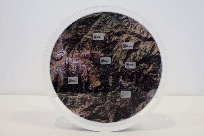 Tazeen Qayyum TRUSTED HOUSEHOLD PROTECTION 2009 Digital print, labels and entomology pins embedded in Lucite. 9 dia x 1.5 in. NFS