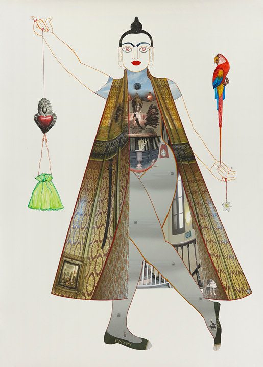 Rekha Rodwittiya Matters Of The Heart (Figure III) 2014 Digital inkjet print with autobiographic photo images and hand-painted watercolor on paper 84 x 60 in.