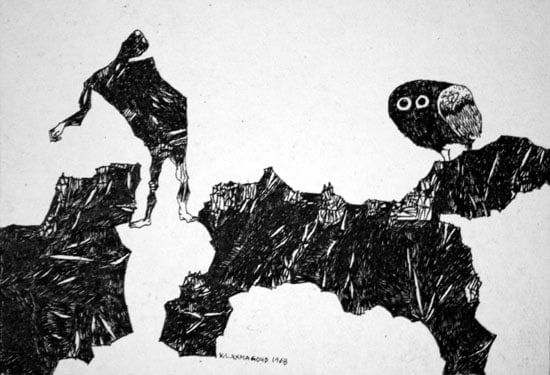 K. Laxma Goud MAN BETWEEN ROCKS 1968 Ink on board 6.5 x 10 in. SOLD