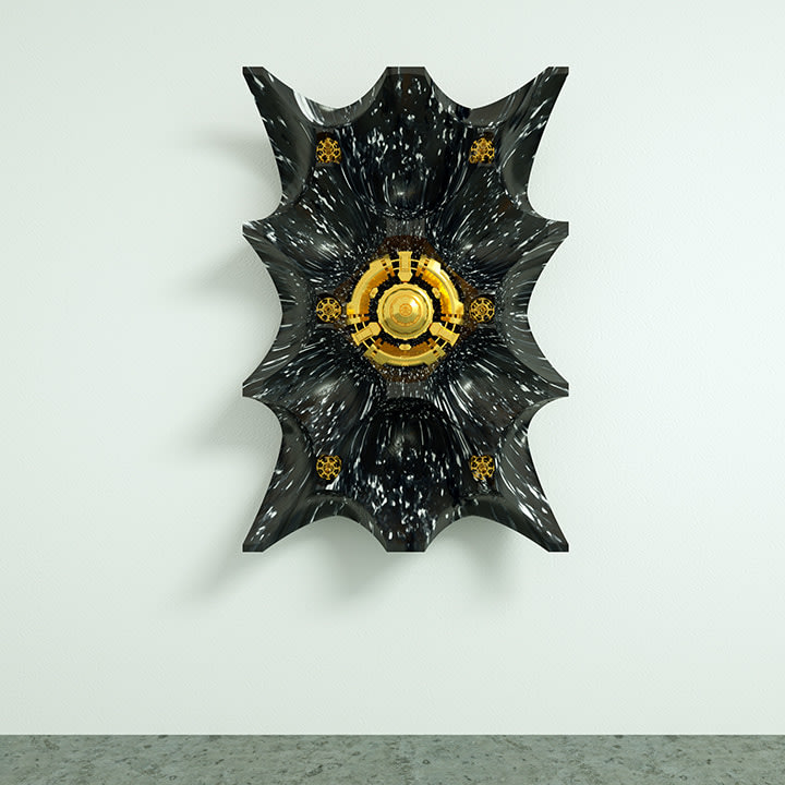Saks Afridi, The Prayer Catcher, 2019, High density foam, 3D printed acrylic, brass leaf, and paint 50 x 35 x 18 in