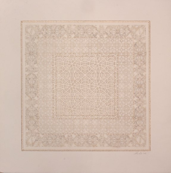 Anila Quayyum Agha Walking Amongst the Bloms 2016 Mixed media on paper (Laser-cut patterns on paper with mylar, embroidery andbeads) 25.5 x 25.5 in.
