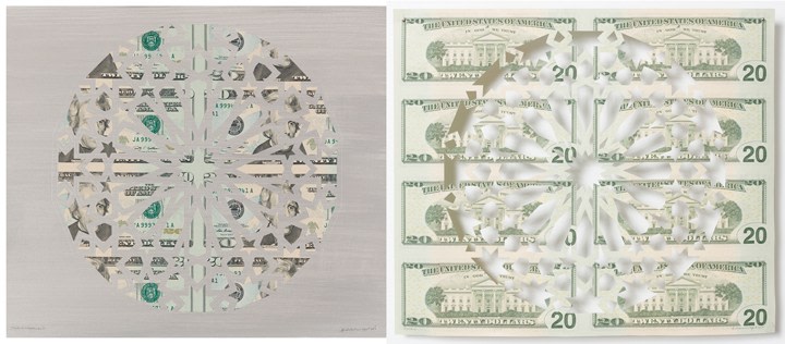 Abdullah M. I. Syed Divine Structure: Hexakaideca, 2017 Hand-cut U.S. $20 banknote sheet and banknote collage with acrylic on wasli 10.25 x 24.50 in