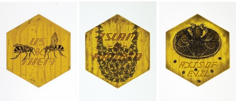 Abdullah M. I. Syed BUZZWORDS (Ed. of 12) 2009 Etching, photo-transfer and aquatint on paper 7 x 8.5 in. (x7)