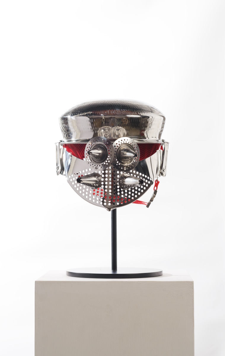 Adeela Suleman Darkest Hour 2, 2021 Steel cooking utensil, sink drain cover and small sauce bowl, layered with foam and cloth. 18 x 10 x 15 in