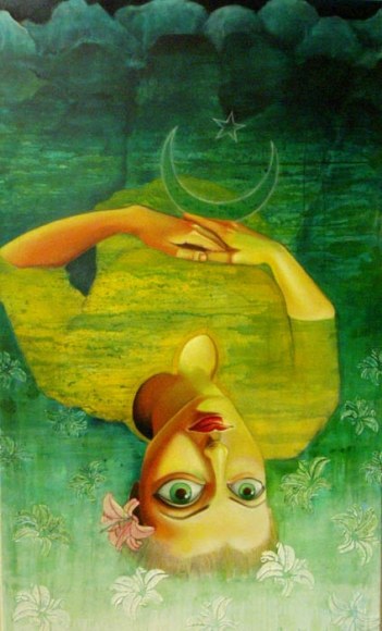 Sana Arjumand SHE HOLDS ON (FROM THE SERIES: AM I A PAKI?) 2006 Oil and acrylic on canvas 60 x 36 in. SOLD