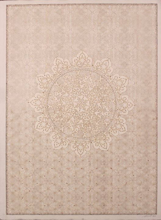 Anila Quayyum Agha Antique Lace Series - 1 2016 Mixed media on paper (Laser-cut patterns on paper with mylar, embroidery andbeads) 30 x 22 in.