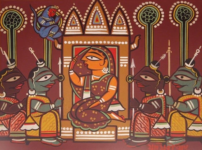 Jamini Roy SITA IN FOREST Termpera on board 13 x 18 in.