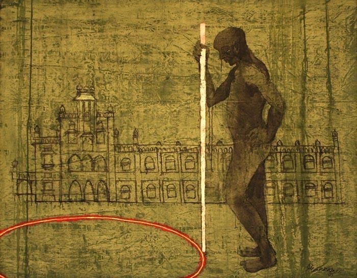 G.R. Iranna UNTITLED (MAN WITH WALKING STICK) 1999 Mixed Media on canvas 56 x 70 in.