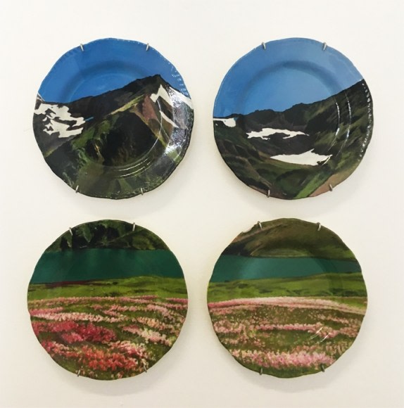 Adeela Suleman Untitled (Plate Group -2) 2017 Found Vintage Ceramic Plate with Enamel Paint and Hardener 7 x 7 in.