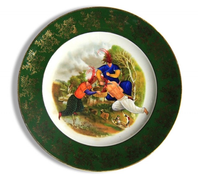 Adeela Suleman And Then it All Happened Series (Plate 1) 2014 Founded porcelain plate with enamel paint 10 x 10 in.