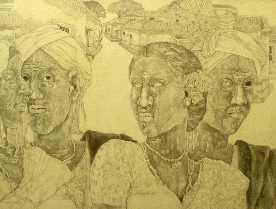 K. Laxma Goud FOUR PEOPLE (VILLAGE IN BACKGROUND) 1983 Pencil on board 16 x 20 in. SOLD