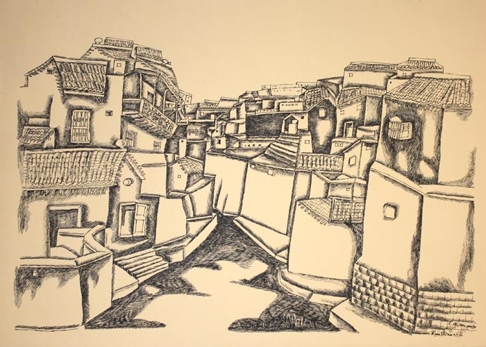 Laxma Goud UNTITLED (URBAN CENTER STREET) 1980 Ink on paper 11 x 16 in.