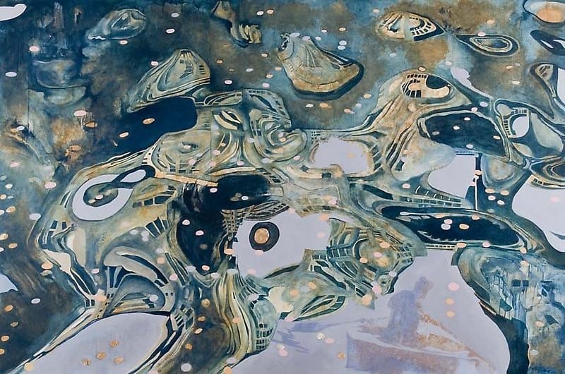 Nitin Mukul FOUNTAIN 2008 Oil, acrylic and tea stain on canvas 48 x 72 in.