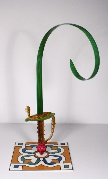 Adeela Suleman Ka Wa Farr Series 5 2014 Hand-painted steel sword, iron and metal tile with enamel paint 20 x 12 x 9 in.