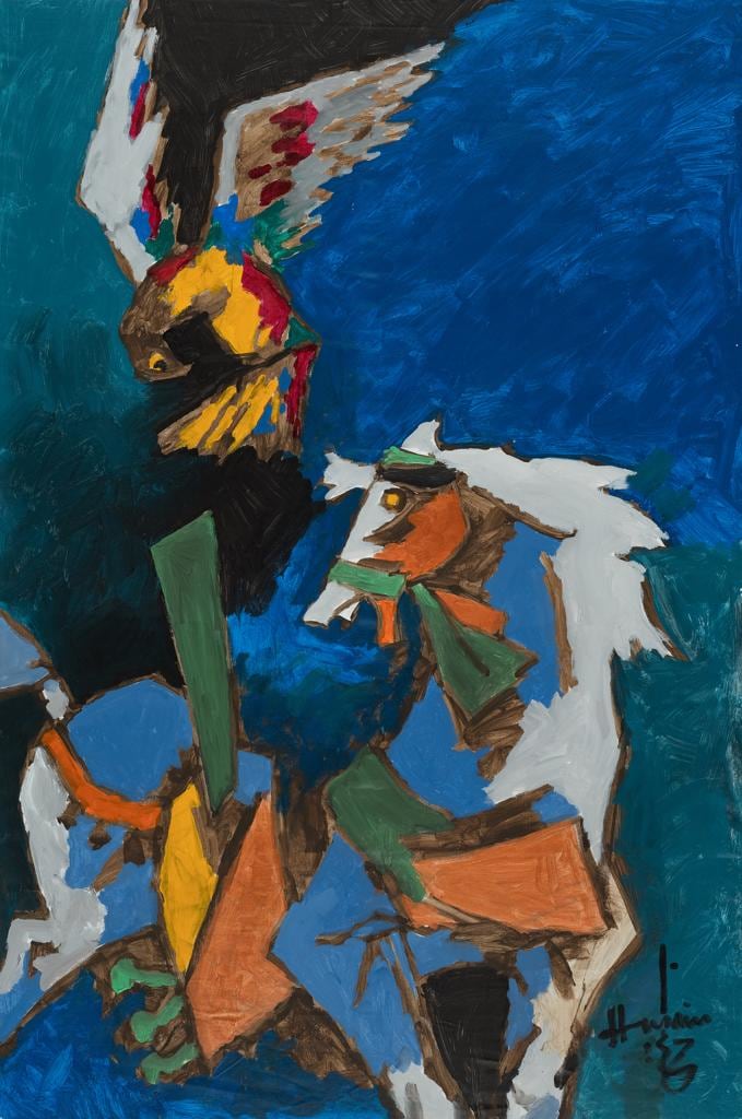 M. F. Husain Untitled (horse and falcon), Acrylic on canvas 72 x 47.75 in