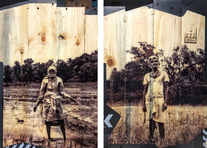 Arunkumar H.G. Vulnerable Guardians Series (Pair 1) 2018 Digital print, floor paint and clear coat on reclaimed wood 20 x 14 in. (Each)