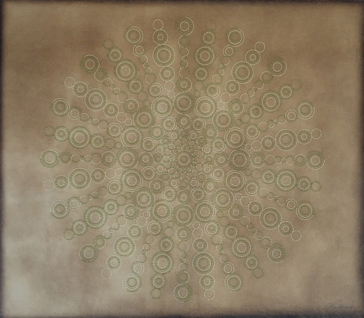Anila Quayyum Agha Illuminations - Green 2016 Mixed media on paper (Green and white thread with green and light green beads on brown Korean hand-made paper) 36 x 41.5 in.