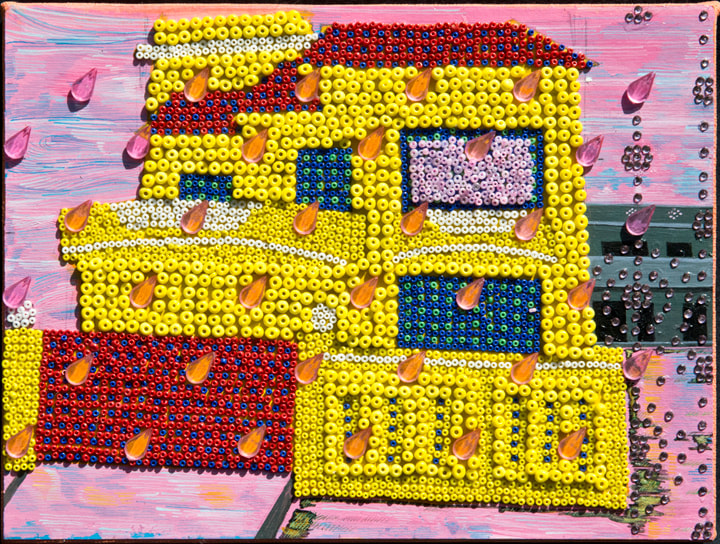 Saba Khan Dream House on a Rainy Day, 2015 Crystals, beads and acrylic on canvas 7 x 9.50 in