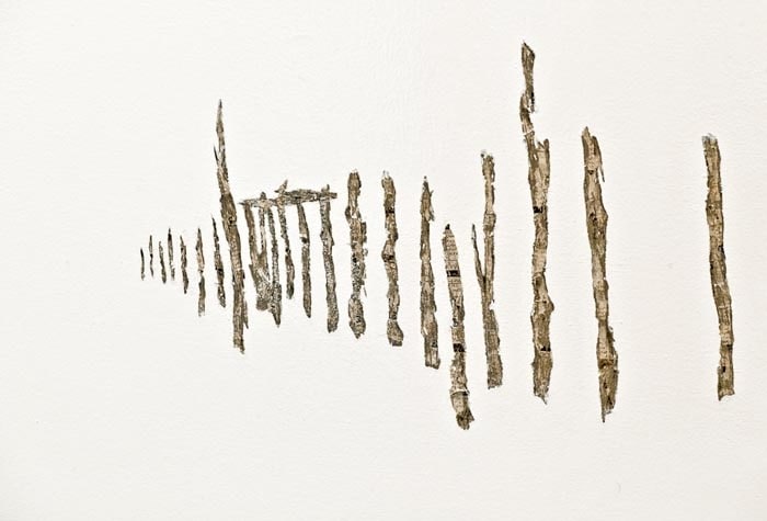 Saad Qureshi Uneasy Landscape 2009 Pencil, newspaper, gloss paint on canvas 103.2 x 48 in.