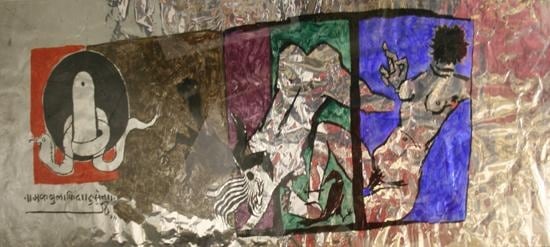 M. F. Husain SHIV LINGAM 1974 Acrylic on foil 19 x 53 in.