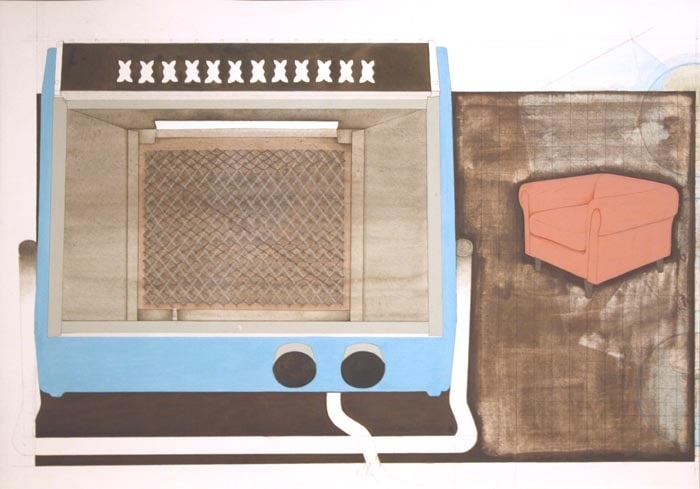 Mahreen Zuberi UNTITLED 1 (RED COUCH) Gouache on wasli 11 x 16 in.