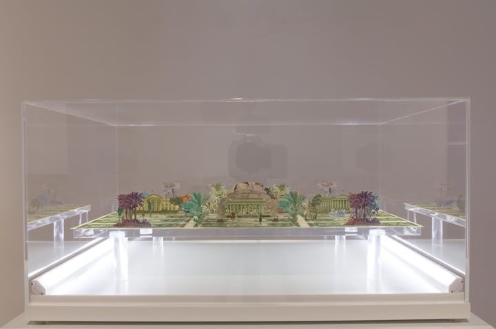 Abdullah M. I. Syed Moneyscape VI: Playground of Alternative Economies, 2017 Hand-cut and assembled various uncirculated banknotes in custom light-box vitrine 22h x 22w x 10d in