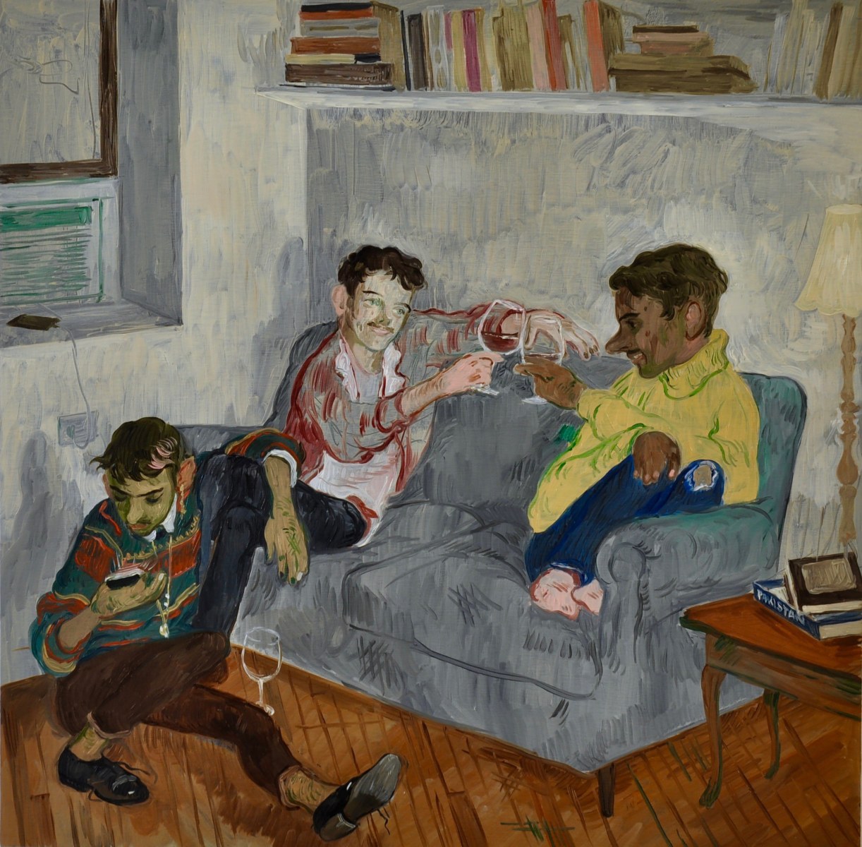 Salman Toor, Three Friends, 2018, Oil on panel, 18 x 18 in