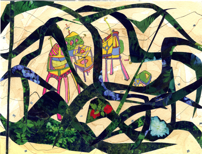 Gisela Insuaste GARDEN CIRCUS 2 2012 Gouache, ink, coffee, silver tape and collage on paper 6 x 8 in.