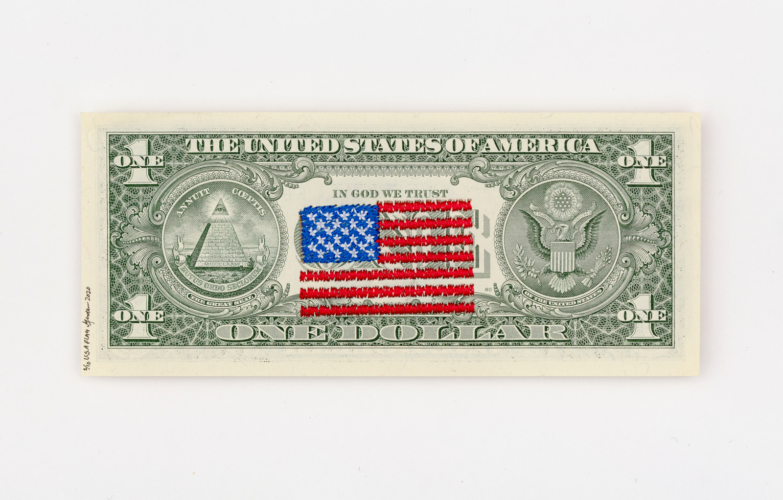 Abdullah M. I. Syed Money Flag: USA (1 US$ Verso), 2020 Machine embroidery on uncirculated 1 US Dollar bill 6.10h x 2.60w in