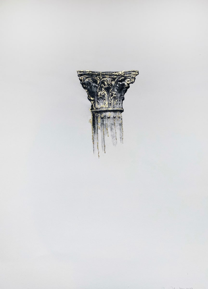 Najmun Nahar Keya Corinthian Dhaka (29) Charcoal, graphite, rabbit skin glue, gold, on Fabriano archival paper 28 x 20 2019