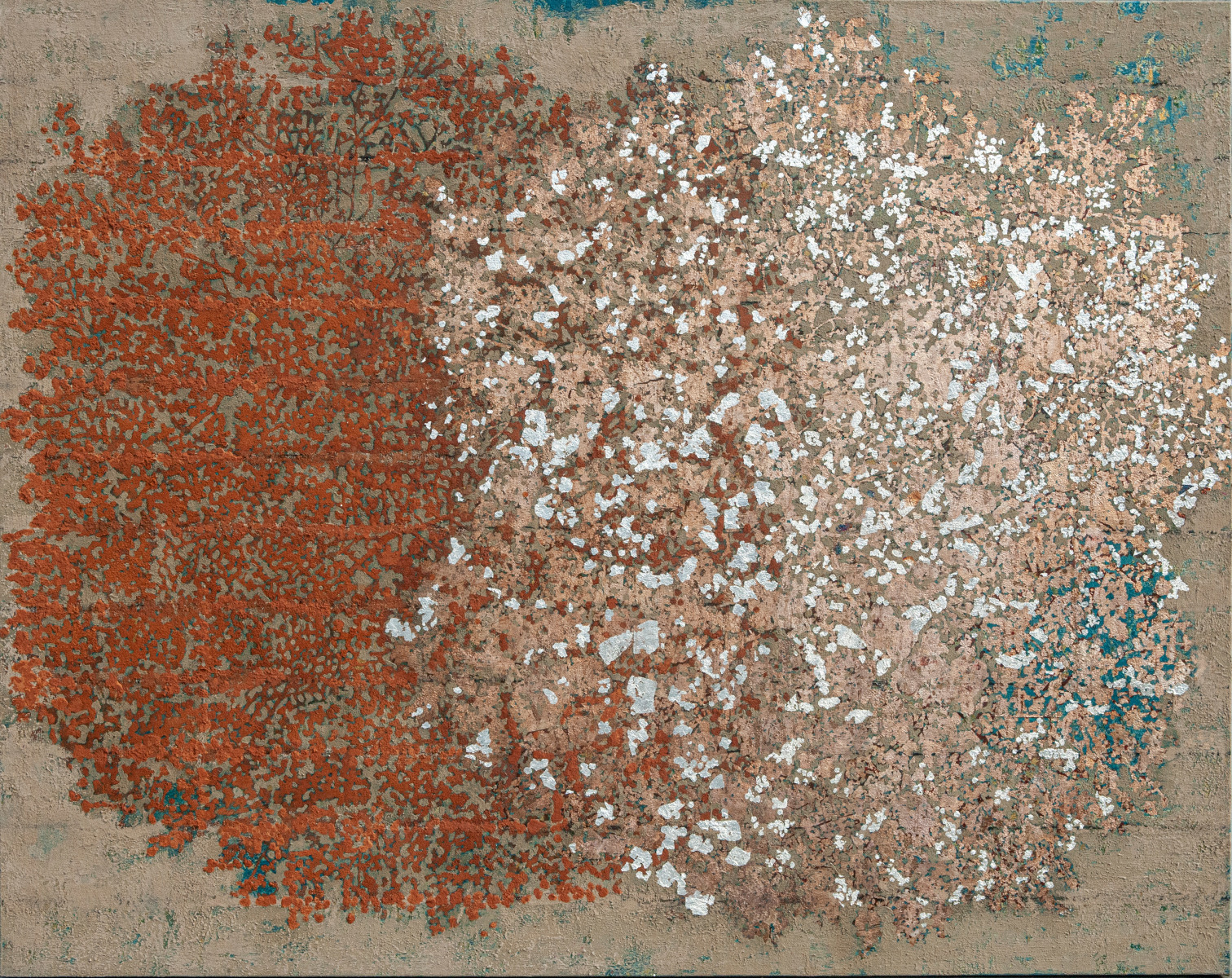 G. R. Iranna The Fragrance Beneath, 2022 Acrylic, ash, and bricks dust on canvas 66h x 84w in