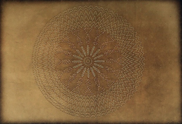 Anila Quayyum Agha Weight of Gold - 2 2016 Mixed media on paper (Gold and white thread with purple with gold beads on brown Korean hand-made paper) 24 x 35 in.